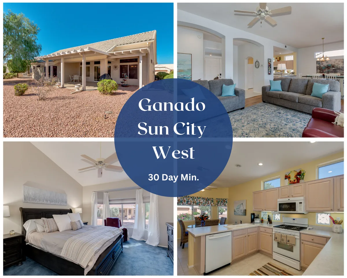 The hero image showcases the inviting exterior of a single-family home in Sun City West, featuring a charming covered porch, beautifully landscaped front yard, large living room windows that hint at a bright interior, and glimpses into a modern, well-equipped kitchen.