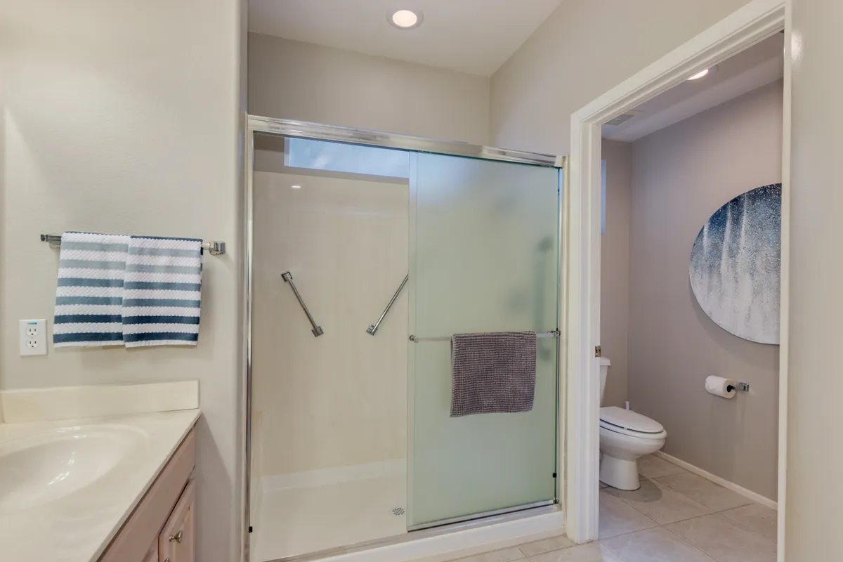 A luxurious bathroom setting featuring a walk-in shower, vanity area, and decorative wall art. The space is bright and soothing, emphasizing relaxation and personal care.
